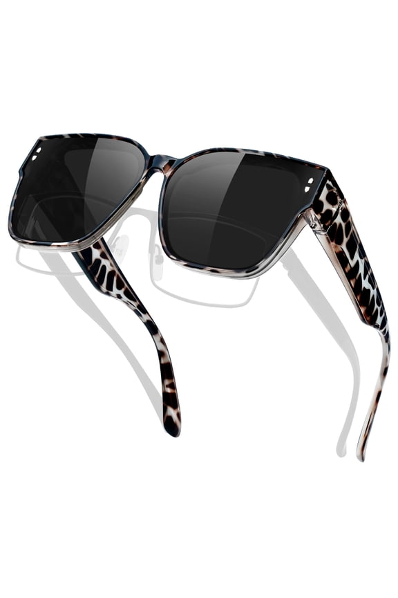 Oversized Fit Over Sunglasses for Women Polarized Wear Over Glasses Sun Glasses Men UV400 Leopard Frame Black Lens