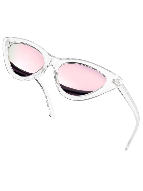 Polarized Pink Cat Eye Sunglasses for Women, Trendy Retro Narrow Pointy Cateye Womens Sun Glasses with Polarized UV400 Protection Party Sunglasses Pink Lens Transparent Frame