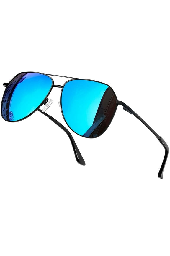 Polarized Pilot Sunglasses for Men Women Retro Classic Mirrored Lens UV Protection Golf Fishing Climbing Sun Glasses (Black Frame/Blue Lens)