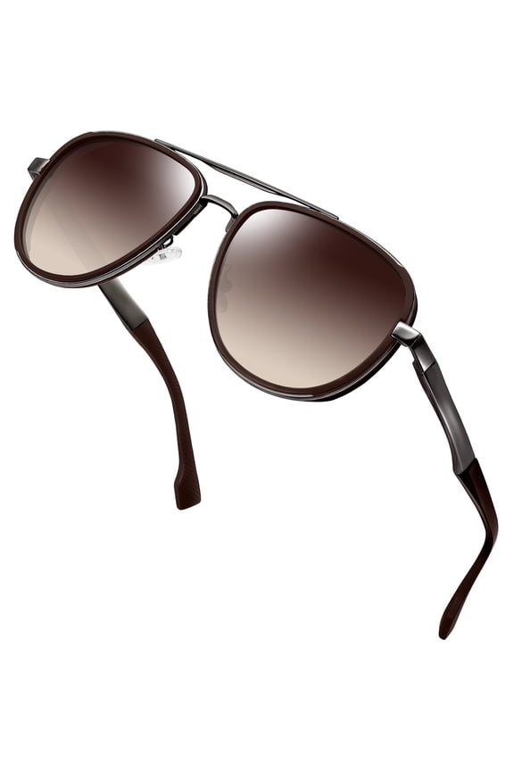Pilot Sunglasses for Men Women Polarized Sun Glasses UV Protection, Retro Double Bridge Design, Adjustable Spring Hinges, Driving Shades Gradient Brown Lens
