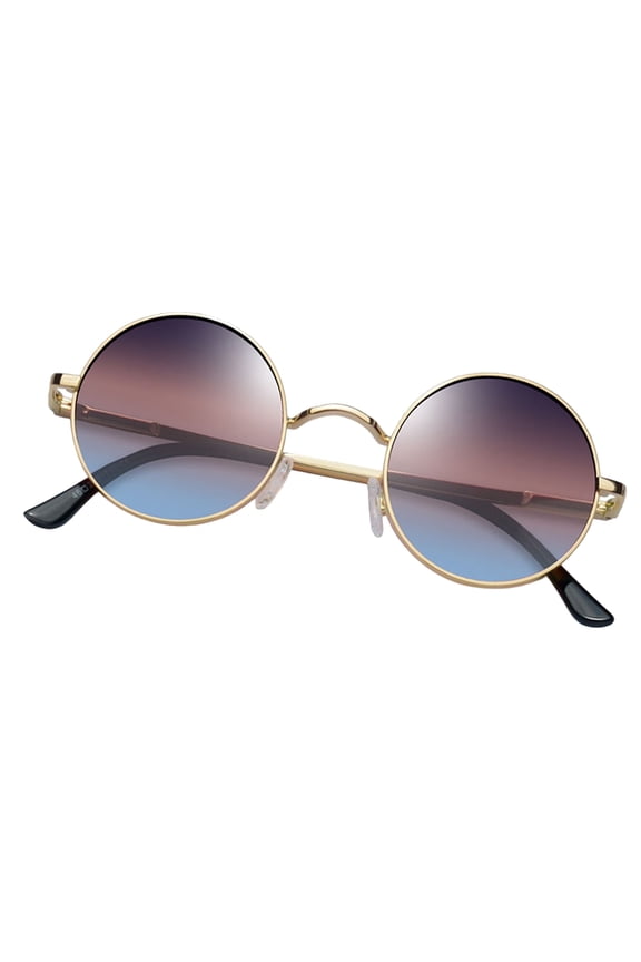 Polarized Round Sunglasses for Women Men Gold Sun Glasses Circle Hippie Style Retro UV400 Protection Brown and Blue Lens