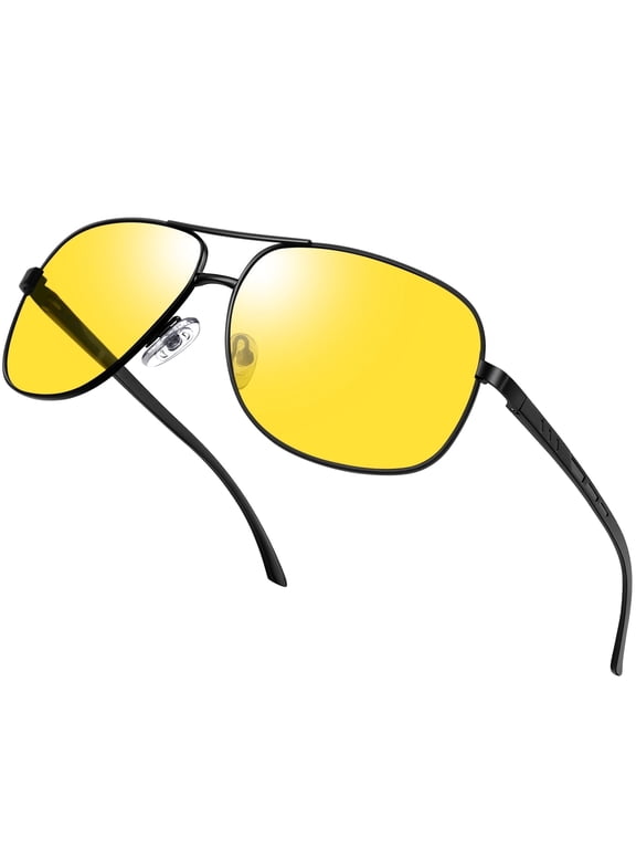 Night Vision Glasses for Men Women Classic Military Astigmatism, Anti Reflective Anti Glare Night Driving Glasses Yellow Tinted Lens Metal Black Frame