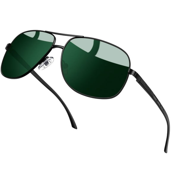 KANASTAL Poalrized Sunglasses for Men Women Classic Military Shades Metal Pilot Sun Glasses Rectangle UV400 for Costume Driving Running Fishing Vacation Travel Black Frame Green Lens