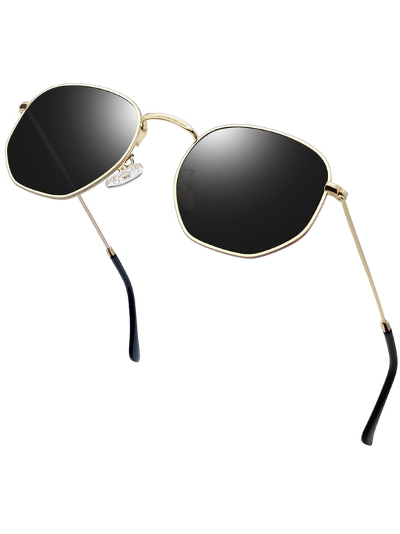 Polarized Sunglasses Womens Men, Trendy Hexagon Metal Sun Glasses, UV400 Protection Shades(Gold Grey)