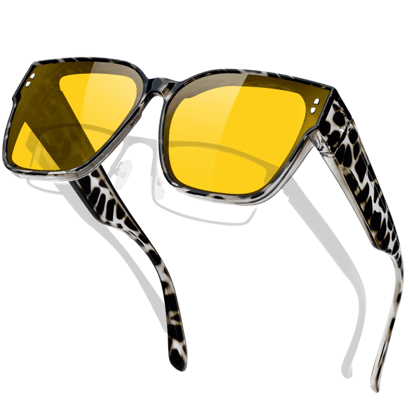 KANASTAL Yellow Night Driving Glasses Fit Over For Men Women Night Vision Glasses Anti Reflect Astigmatism Anti Glare UV400 Protection Grey Leopard Frame Yellow Lens
