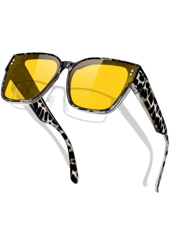 Yellow Night Driving Glasses Fit Over For Men Women Night Vision Glasses Anti Reflect Astigmatism Anti Glare UV400 Protection Grey Leopard Frame Yellow Lens