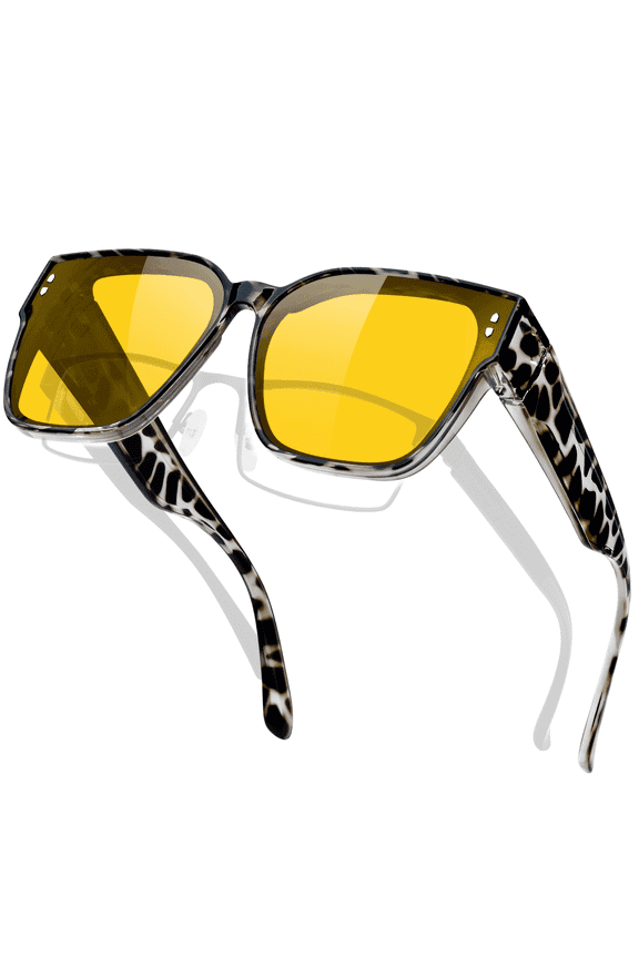 Yellow Night Driving Glasses Fit Over For Men Women Night Vision Glasses Anti Reflect Astigmatism Anti Glare UV400 Protection Grey Leopard Frame Yellow Lens