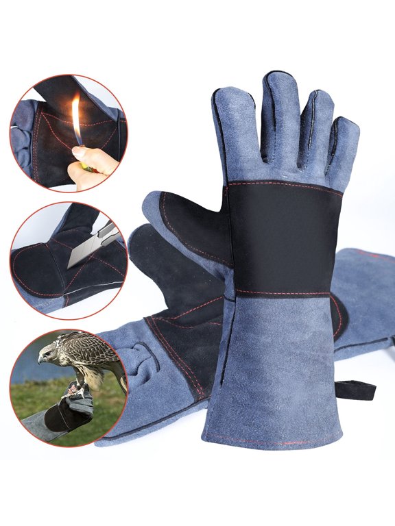 14" Animal Handling Gloves, Professional Leather Snake Bite Proof Gloves for Snake Cat Dog Bird Falcon Livestock, Blue