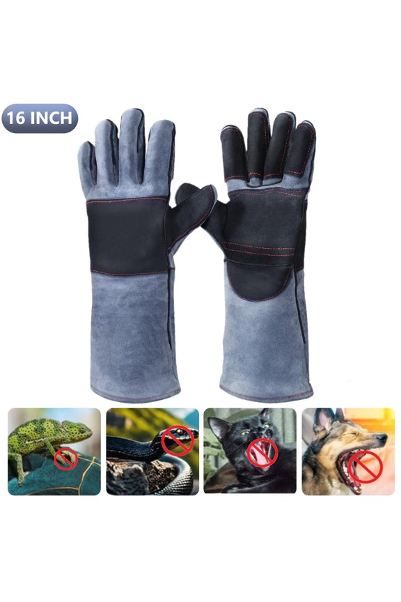 16” Animal Handling Gloves Snake Bite Proof, Double Leather Padding, Anti-bite Dog Cat Bird Reptile Control Protection, Blue