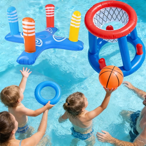 KANCOKIT 2-in-1 Inflatable Pool Toys Games Set, Pool Basketball Hoop Inflatable Cross Ring Toss Game for Family Beach Party