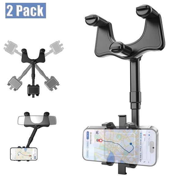 KANCOKIT 2Pack Rear View Mirror Phone Holder, 360°Rotatable and Retractable Car Phone Holder Mount for All Mobile Phones and All Car, Black