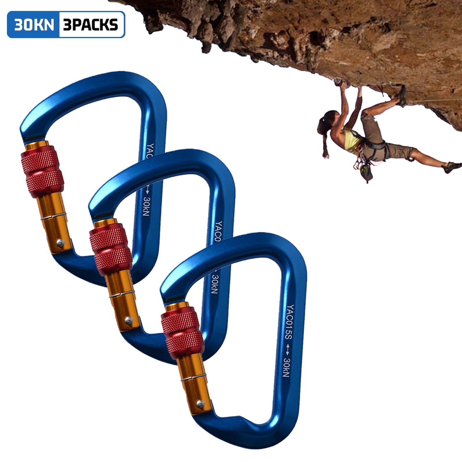 KANCOKIT 3Pack Screwgate Locking Carabiner D-Ring Clip Hook,  30KN Heavy Duty Carabiner Hook for Climbing Caving, Blue