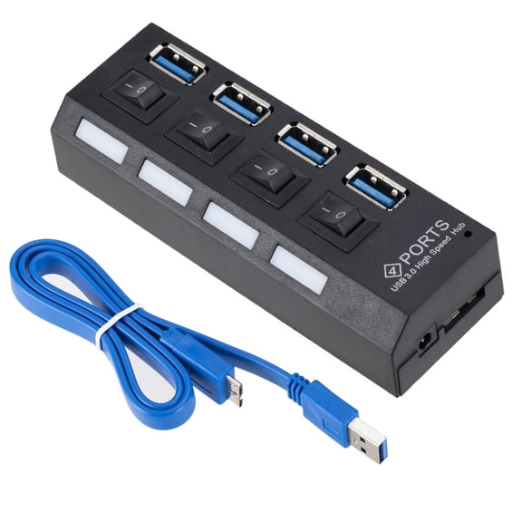 KANCOKIT 4 Port USB 3.0 Hub On/Off Switch High Speed Splitter AC Adapter Cable PC Laptop