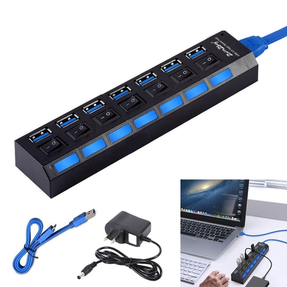 KANCOKIT Powered USB Hub 3.0, 7 Port USB Hub Splitter with Individual On/Off LED & Switches, 5Gbps High Speed USB Port Expander for MacBook, Mac Pro/Mini, iMac, PC, Mobile HDD