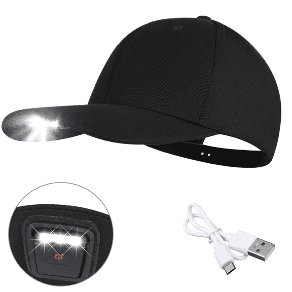 KANCOKIT Baseball Cap with Light Built in, USB Rechargeable Adjustable Size LED Baseball Hats for Outdoor Fishing Night Running, Black