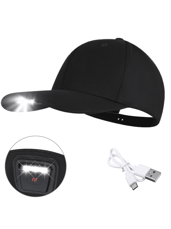 Baseball Cap with Light Built in, USB Rechargeable Adjustable Size LED Baseball Hats for Outdoor Fishing Night Running, Black