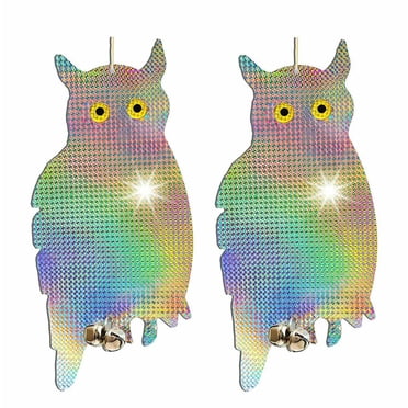 2-Pack Fake Owl Decoy For Garden – Hanging Reflective Bird Repellent With Tinkling Bell, Multicolor