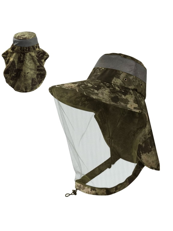 Mosquito Head Net Hat with Neck Flap, UPF 50+ Wide Brim Sun Hat with Netting for Bugs, Fishing Hiking Camping Safari Hat for Men Women, Camouflage Green
