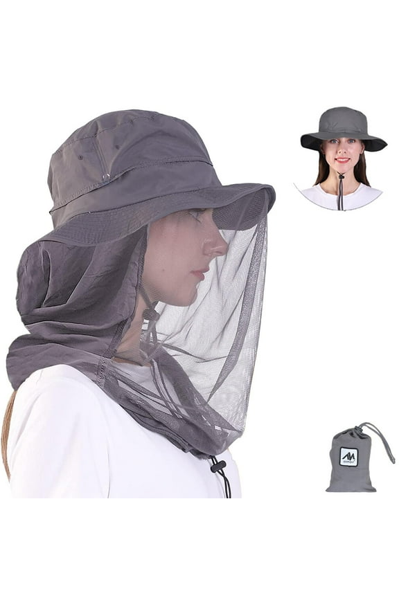 Mosquito Head Net Hat , Wide Brim Safari Hat, UPF 50+ Sun Protection Boonie Hats for Men Women Fishing Hiking