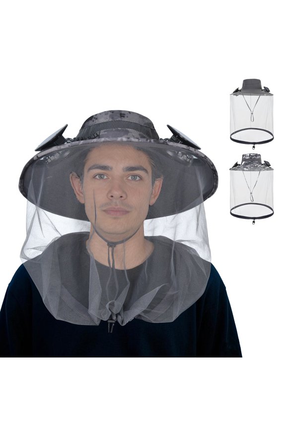 Mosquito Head Net Hat with Solar Fans, Unisex UPF 50+ Cool and Breathable Bug Net Hat for Mountaineering, Gardening, Fishing