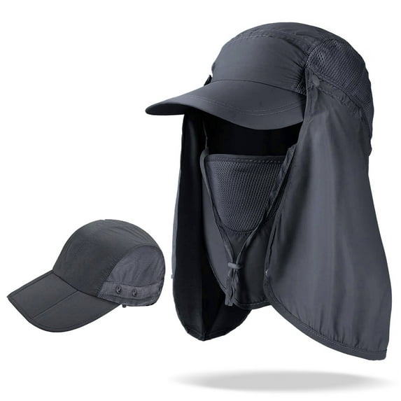 KANCOKIT Outdoor Sun Hat, UPF 50+ Fishing Hat with Removable Neck Flap & Sun Face Shield, Foldable Baseball Cap for Men Women, Gray