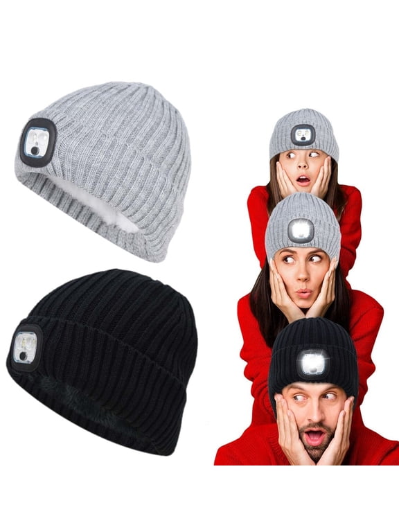 Plush Beanie with Light, USB Rechargeable LED Headlamp Hat Warm Knitted Cap, Gifts for Men Women, Black