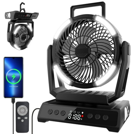 KANCOKIT Portable Fan with Light, 20000mAh 9 Speeds Rechargeable Battery Fan with Remote Digital Display, Timer, Auto Oscillation, Tent Fan for Car Travel RV Camp Patio