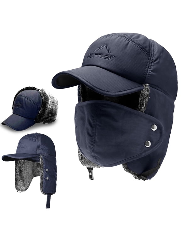 Trapper Hat, Winter Hats with Ear Flaps for Cold Weather, Warm Baseball Caps for Men Women, Dark Blue