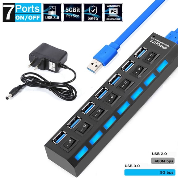 KANCOKIT USB 3.0 Hub, 7 Port High Speed Splitter with Individual Switch & AC Adapter for Cable PC Laptop Desktop Macbook