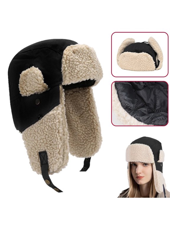 Unisex Winter Trapper Hat with Ear Flaps, Warm Winter Russian Aviator Ushanka Ski Cap for Men Women, Black