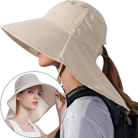 KANCOKIT Women Wide Brim Sun Hat with Neck Cover Flap & Ponytail UV Protection for Fishing Hiking Camping, Beige
