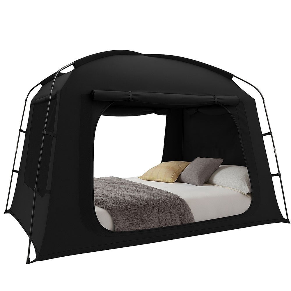 KANCOPKIT Blackout Twin Bed Tent, Portable Indoor Sleeping Canopy Breathable Privacy Space on Bed with 2 Doors & Phone & Pad Holders,Black