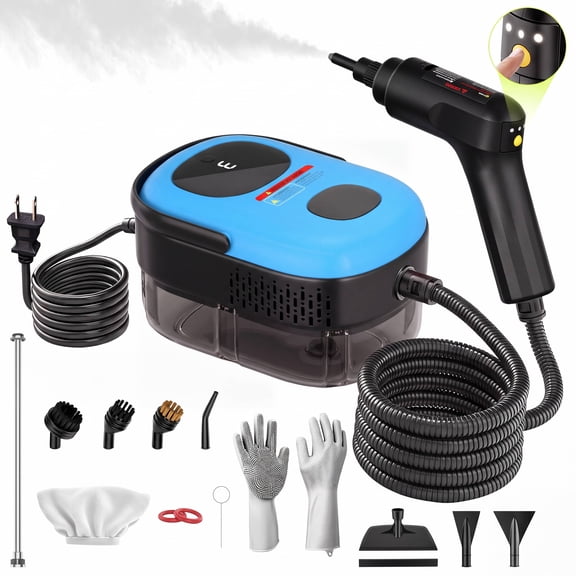 KANFUAQ Handheld Steam Cleaner,2500W 15pcs Accessories Portable Steamer for Cleaning,3-Level Adjustable,15s Heat-Up,1.4L Large Tank for Home,Kitchen,Bathroom,Car (Blue)