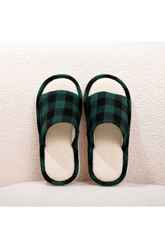 And Plaid Print Linen Slippers Indoor Slides Comfortable Summer Sandals For Home Leisure