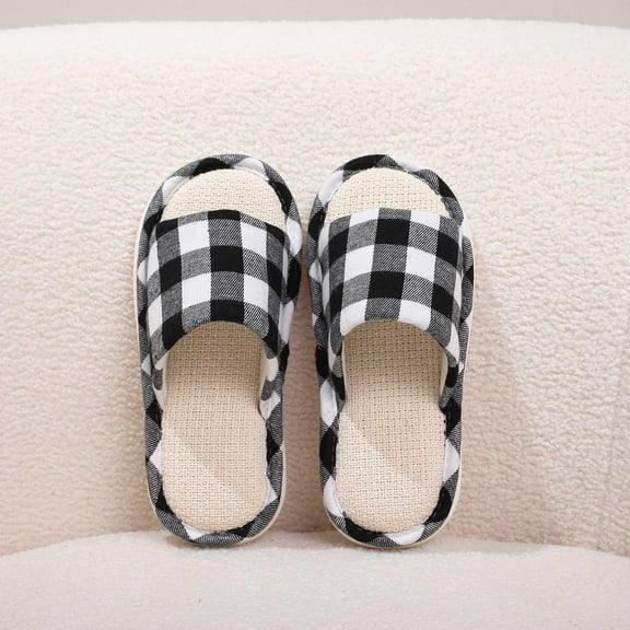 KANG And Plaid Print Linen Slippers Indoor Slides Comfortable Summer Sandals For Home Leisure
