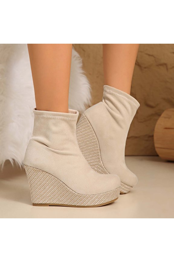 Ankle Boots Chunky Low Heel Round Toe Slip On Style Booties For Casual Comfort And Fashion Everyday Wear Beige 36