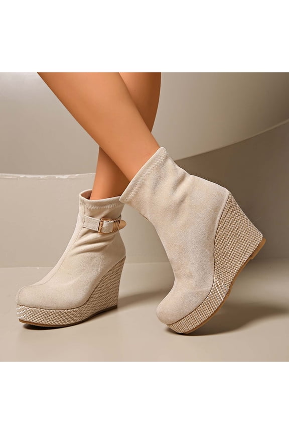 Ankle Boots Retro Round Toe Slip On Chunky Low Heel Booties Comfortable Casual Footwear For Daily Wear Beige 36