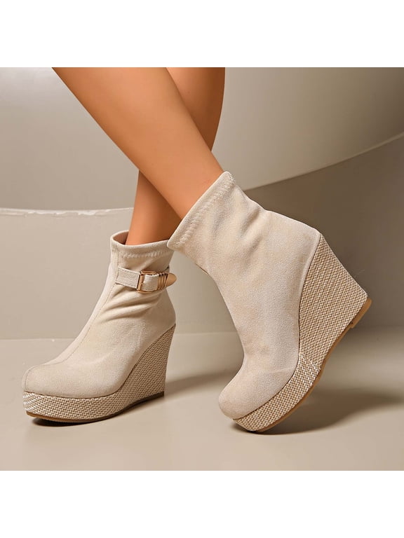 Ankle Boots Retro Round Toe Slip On Chunky Low Heel Booties Comfortable Casual Footwear For Daily Wear Beige 36