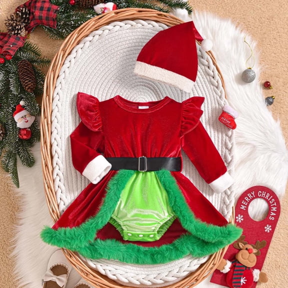 KANG Baby Girls Outfit 2 Piece Red Velvet Long Sleeve Dress With Matching Hat Festive Holiday Party Wear Green 18M