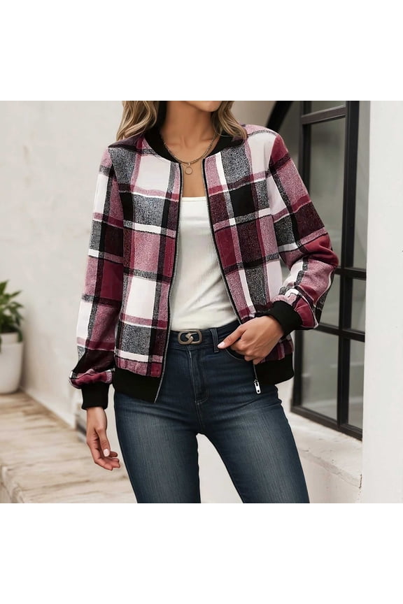 Casual Plaid Baseball Jacket With Zipper women fall clothes Autumn Winter Outerwear For Daily Commute And Street Style