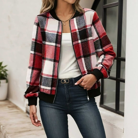 KANG Casual Plaid Baseball Jacket With Zipper women fall clothes Autumn Winter Outerwear For Daily Commute And Street Style