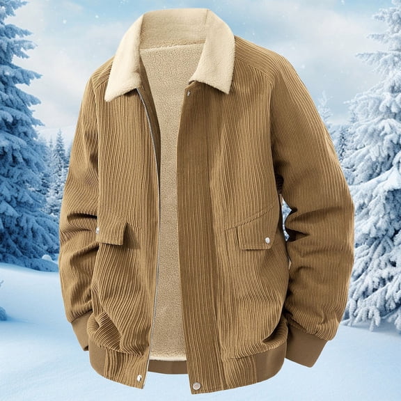 KANG Corduroy Casual Jacket Winter Stand Collar Fleece Lined Thick Warm Coats Style Outerwear For Daily StreetwearKhakiL