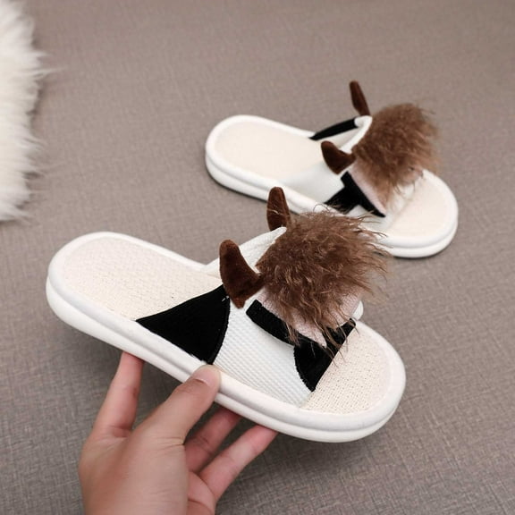 KANG Cow Print Linen Slippers Indoor Slides Comfortable Open Toe Summer Sandals For Home And Spa