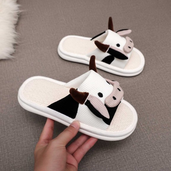 KANG Cow Print Linen Slippers Indoor Slides Comfortable Summer Sandals For Home And Apartment