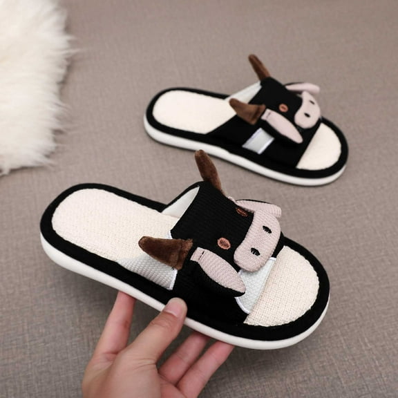 KANG Cow Print Linen Slippers Indoor Slides Comfortable Summer Sandals For Home And Apartment