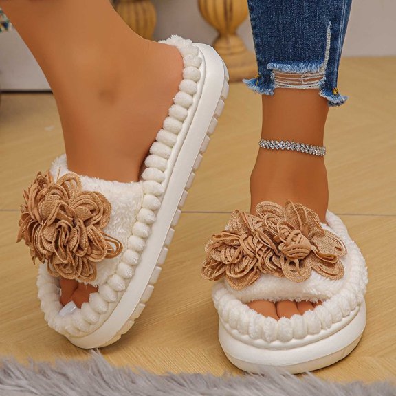 KANG Cozy Floral Slippers Comfortable Open Toe Fuzzy Home Slippers For Warmth And Relaxation