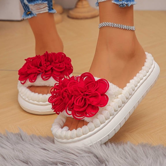 KANG Cozy Floral Slippers Comfortable Open Toe Fuzzy Home Slippers For Warmth And Relaxation
