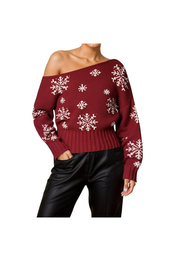 Cozy Snowflake Pullover Sweater With Off Shoulder Design For Festive Seasonal Style