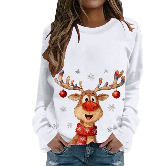 KANG Cute Deer Print Pullover Casual Crewneck Long Sleeve Holiday Soft Fashion Sweatshirt Top For Daily Wear