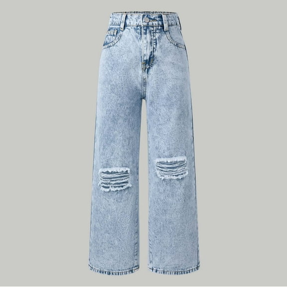 KANG Distressed Snowflake Wash Wide Leg Jeans For Teen Girls Comfortable Stretch Denim Trousers With Ripped Details And Flared Fit